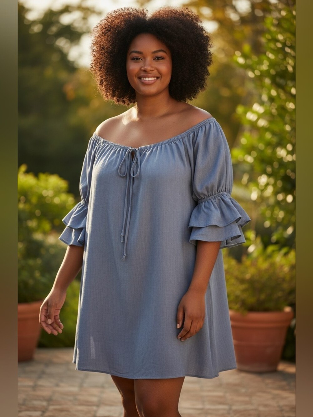 Haute Fox Off-Shoulder Ruffle Sleeve Blue Mini Dress Size 2X